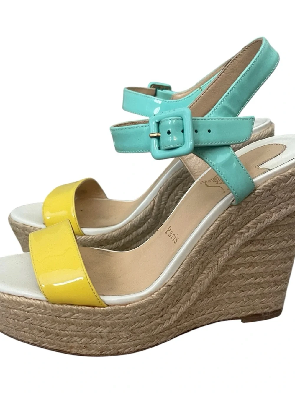 Christian Louboutin Turquoise Yellow Patent Espadrille Wedge Sandals 38 $325